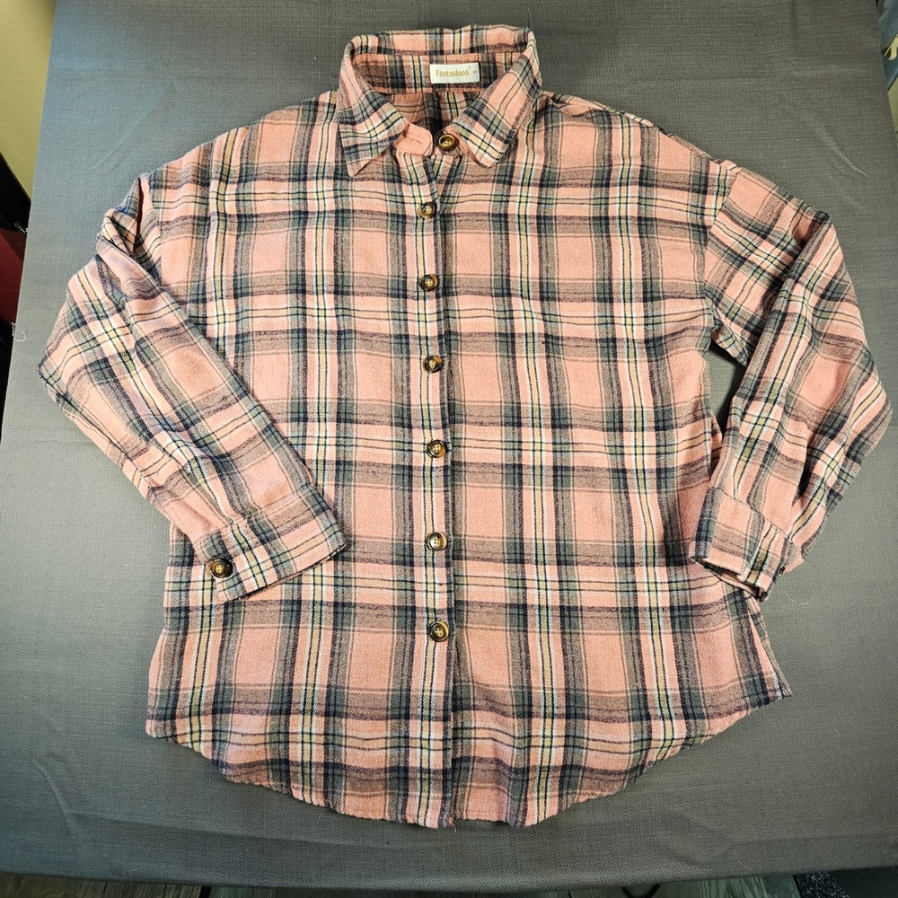 Fantaslook Womens Peach Gray Plaid Flannel Button Down Shirt Small Drop Shoulder